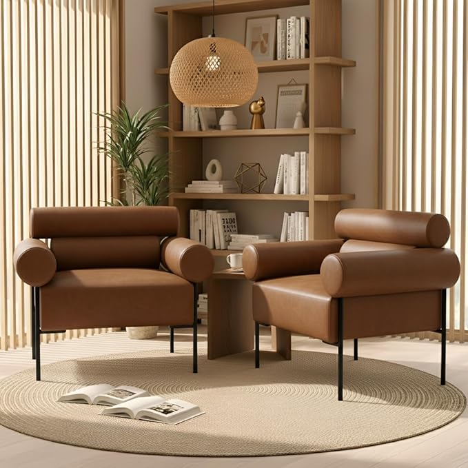 Modern Accent Chairs Set of 2, Single Sofa Accent Chairs for Living Room, Oversized Upholstered Leather Mid-Century Office Reading Armchairs with Channel Tufted for Bedroom, Brown