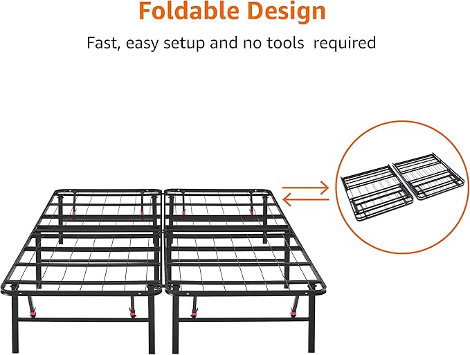 Amazon Basics Bed Frame with Storage, Foldable Metal Platform, Sturdy Steel, No Box Spring Needed, 14 inches High, Tool-Free Setup, King Size, Black