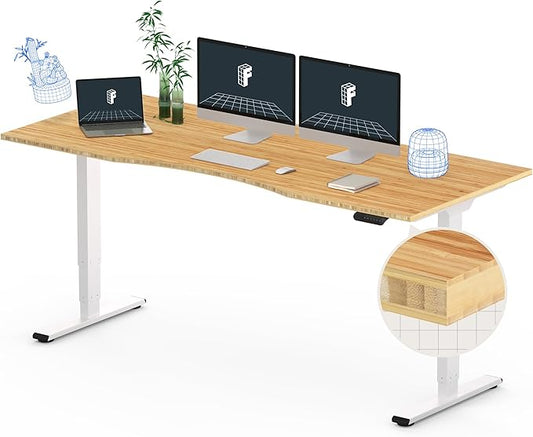 FlexiSpot E6 Bamboo 3-Stage Dual Motor 72 x 30 Electric Standing Desk Sit Stand Up Desk, Holds 220 lbs, Adjustable Height w/ Memory Presets, Solid Bamboo Curved Desktop & White Frame, Ships in 2 Boxes