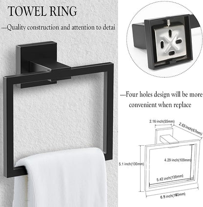 BOZWELL 5 Pieces Matte Black Bathroom Hardware Accessories Set Square Towel Racks for Bathroom 23.6 inch Stainless Steel Towel Bar Set Wall Mounted Towel and TP Set