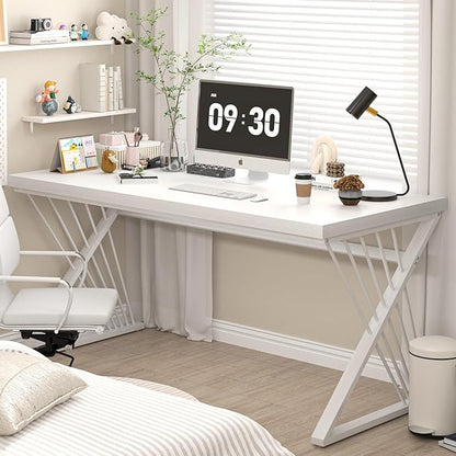 FOLUBAN Modern White Desk, Rustic Wood and Metal Computer Desk for Home Office, Simple Writing Work PC Desks for Bedroom, Industrial Study Gaming Table for Living Room, White, 53 Inch