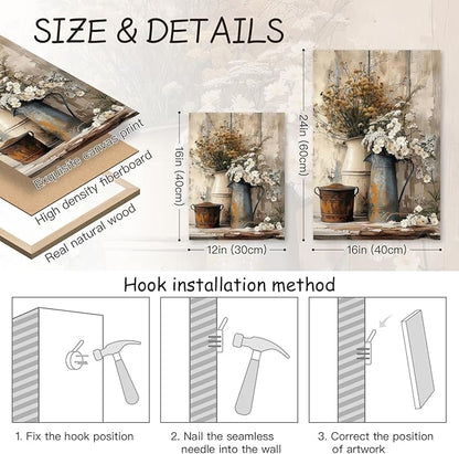 HLXRAE Framed Rustic Farmhouse Bathroom Wall Art, Vintage Country Floral Still Life Wall Decor, White Daisy Canvas Painting, Shabby Chic Flower Poster Print for Living Room Bedroom Kitchen 16"x24"