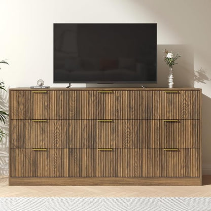 Fluted Wood Dresser for Bedroom,63” Wide 9 Drawer Dresser Mid Century Chest of Drawers Wooden with Gold Handles,Dressers TV Stand Storage Organizer for Closet,Bedroom,Living Room, Walnut