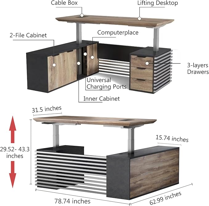 78.74" L Shaped Standing Executive Desk and 63" lateral File Cabinet, Large Adjustable Heigh Office Computer Desk with 3 Drawers,2.3" Desktop,Business Workstation,Black and Warm Oak