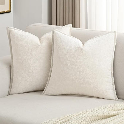 FUTEI Cream White Chenille Throw Pillow Covers 26x26 Inch Set of 2,Soft Cozy Bound Edge Design Euro Pillow Sham,Home Decor for Couch Bed Living Room