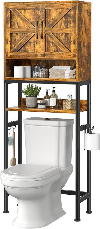 Over The Toilet Storage Cabinet - Bathroom Shelves Above Toilet Freestanding Organizer Shelf with Doors Narrow Floor Stand Rack Farmhouse Wood 71" Tall, Rustic Brown