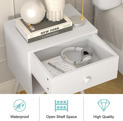 VECELO Nightstands Set of 2, Mid Century Modern End Bedside Table, Night Stand with Storage Drawer and 2 Tiers Open Shelf for Small Place, Bedroom, Living Room, Easy Assembly, Pure White
