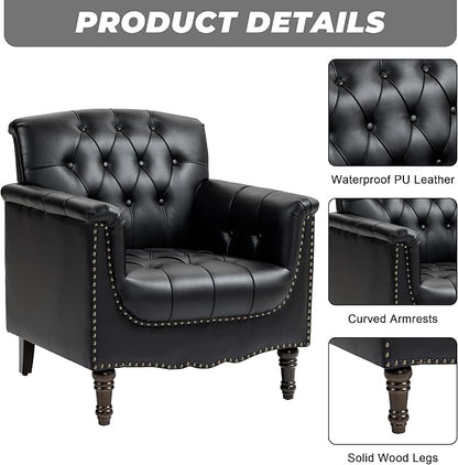 Faux Leather Accent Chairs Set of 4, Upholstered Armchairs with Nailhead Trims & Wood Legs for Living Room, Bedroom, Contemporary Comfy Club Chairs for Office-Black