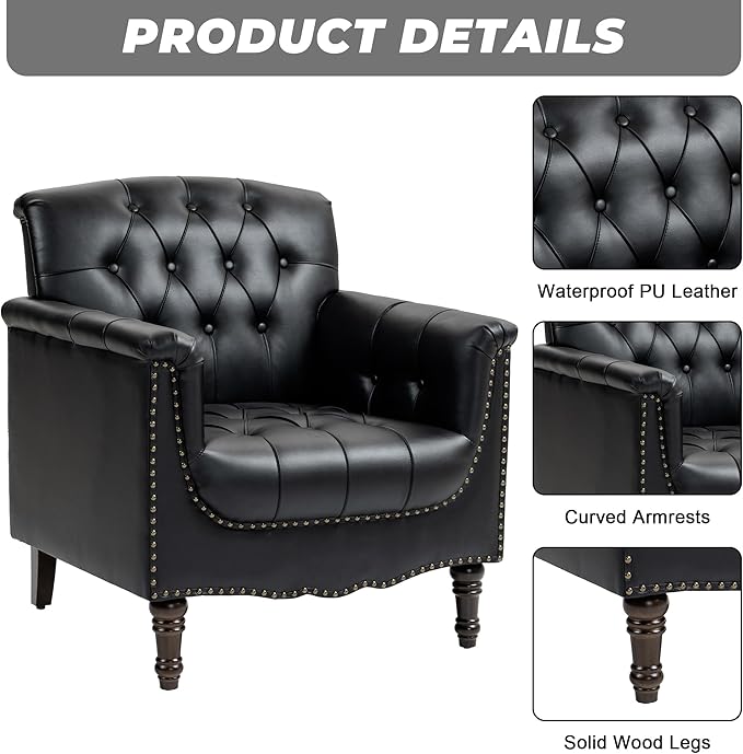 Lumibee Faux Leather Armchairs, Contemporary Accent Chairs Set of 2 with Nailhead Trims & Wood Legs for Living Room, Upholstered Comfy Arm Chairs for Office,Bedroom-Black