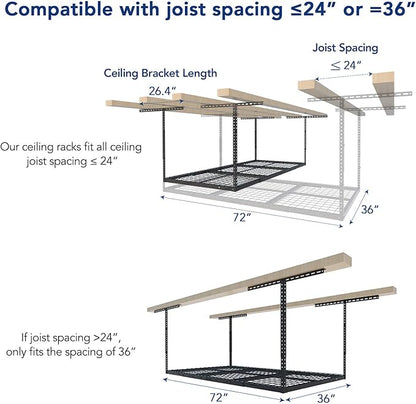 FLEXIMOUNTS 2 Pack 3x6 Overhead Garage Storage Adjustable Ceiling Rack 72" Length x 36" Width x 40" Height, 900lbs Total Weight Capacity, Black, Classic Series