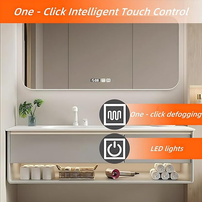 56IN Grey Bathroom Vanity Set - Floating Bathroom Vanity with Single Sink | Including LED Smart Defogging Mirror Cabinet & Time Display Function, Equipped with Motion Sensing Light Strip (Style A)
