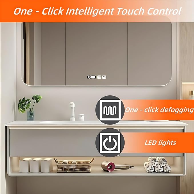 52IN Grey Bathroom Vanity Set - Floating Bathroom Vanity with Single Sink | Including LED Smart Defogging Mirror Cabinet & Time Display Function, Equipped with Motion Sensing Light Strip (Style B)