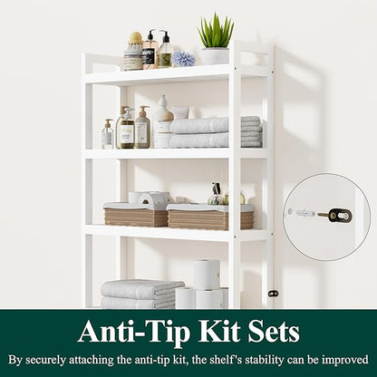 Smiry Over The Toilet Storage Cabinet, 4-Tier Bamboo Bathroom Organizers with Adjustable Shelf & 4 Hooks, Space Saving Shelf Rack for Bathrooms, Laundry Room, Balcony, White