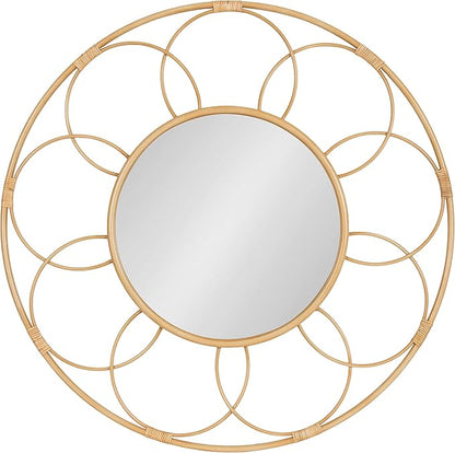 Kate and Laurel Cori Boho Round Mirror; 34 Inch Diameter; Natural; Light Decorative Metal Mirror with Rattan Accenting for Coastal Home Wall Decor