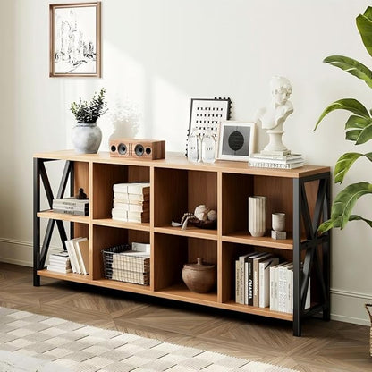 63" 8 Cube Horizontal Bookshelf Long Bookshelf Wood Cube Storage Organizer Rustic Wood Cubby Bookcase for Living Room Walnut