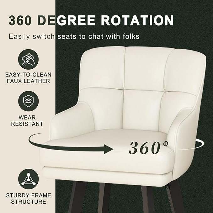 360°Swivel Counter Height Bar Stools with Back, 26 inch Solid Wood Legs, Bar Stool Modern Kitchen Island Chairs, Faux Leather (Beige- Faux Leather, 26" H- Set of 4)