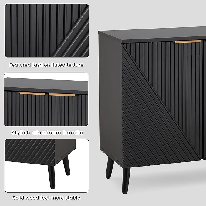 Fluted Storage Cabinet with Doors, Wood Sideboard Buffet Cabinet with Adjustable Shelf, Modern Accent for Living Room, Entryway (Set of 3, Black)