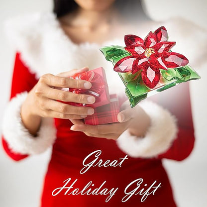Bits and Pieces Crystal Poinsettia Figurine - Faceted Glass Sparkling Red and Green, Home Decor Christmas Decoration and Gift