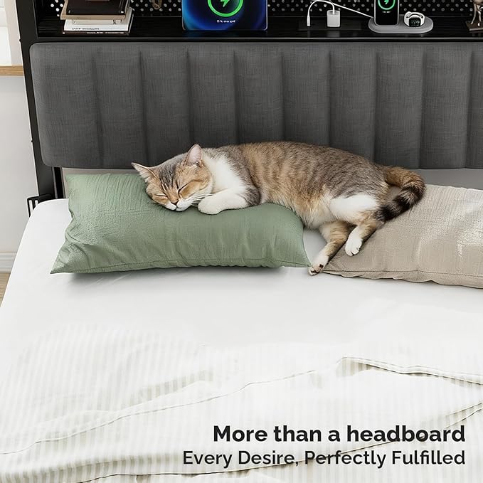 VINGLI Queen Size Headboard Only, Adjustable Upholstered Headboard with 3 Tier Shelves and Pegboard with Charging Stations and LED Lights, Modern Bed Headboard with Storage for Bedroom Decor