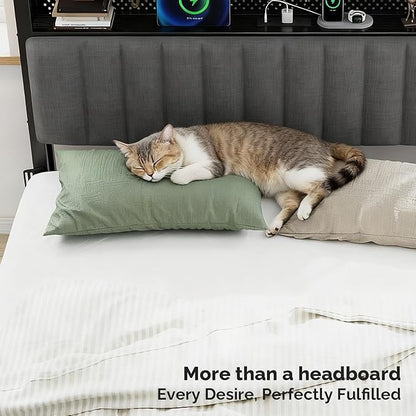 VINGLI Queen Size Headboard Only, Adjustable Upholstered Headboard with 3 Tier Shelves and Pegboard with Charging Stations and LED Lights, Modern Bed Headboard with Storage for Bedroom Decor