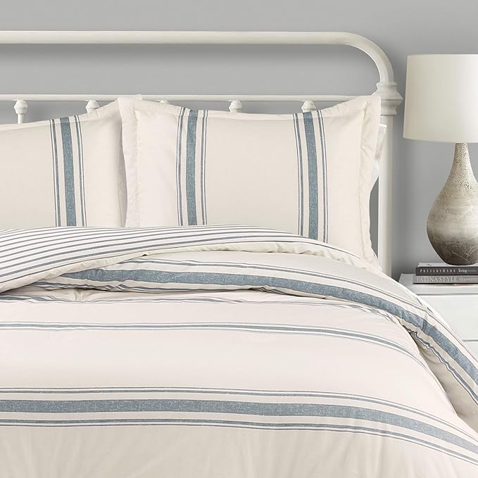 Lush Decor Farmhouse Stripe Reversible Cotton Comforter Set, 3 Piece Set, King, Blue - Cozy F𝚊rmhouse Bedding Set - Rustic Decor - Striped Comforter - Modern Farmho𝚞se Bedroom Decor