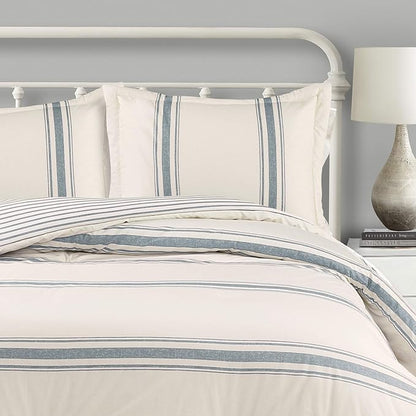 Lush Decor Farmhouse Stripe Reversible Cotton Comforter Set, 3 Piece Set, King, Blue - Cozy F𝚊rmhouse Bedding Set - Rustic Decor - Striped Comforter - Modern Farmho𝚞se Bedroom Decor