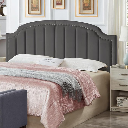 24KF Velvet Fabric Upholstered King/California King Headboard with Nail Trims, Modern Vertical Channel Design with Curved King Headboard, 6052-K-Dark Gray