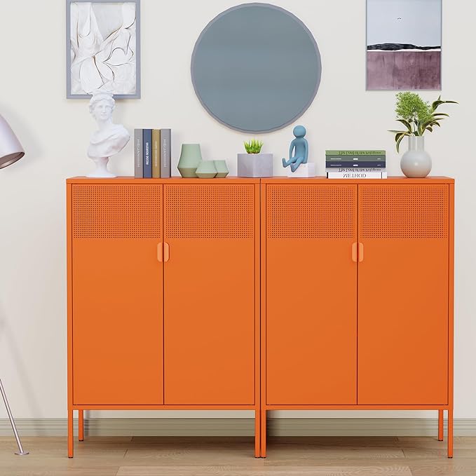 Orange 3 Tier Metal Storage Cabinet with Legs, 2 Door Metal Locker Style Accent Storage Cabinet with 2 Adjustable Shelves for Home, Office, Entryway and Hallway