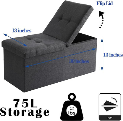 CUYOCA Storage Ottoman Bench Foldable Seat Footrest Shoe Bench End of Bed Storage with Flipping Lid, 75L Storage Space, 30 inches Linen Fabric Dark Grey