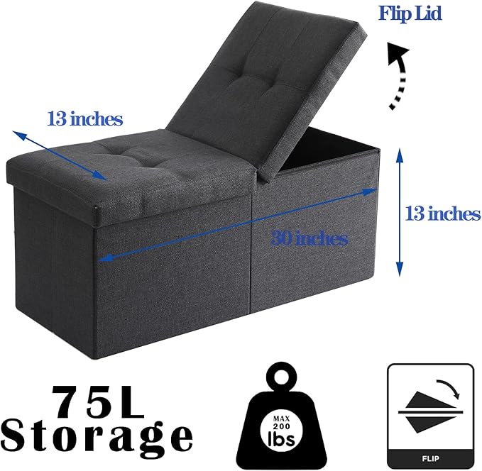 CUYOCA Storage Ottoman Bench Foldable Seat Footrest Shoe Bench End of Bed Storage with Flipping Lid, 75L Storage Space, 30 inches Linen Fabric Sandy Beige