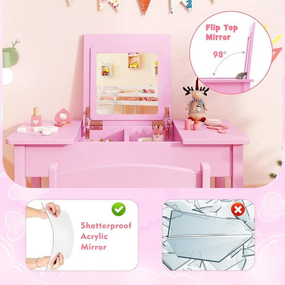 HONEY JOY Kids Vanity, Wooden Girls Vanity Desk with Flip Top Mirror, Hidden Storage Space, Toddler Makeup Vanity Dressing Table, Pretend Play Kids Vanity Table and Chair Set (Pink)