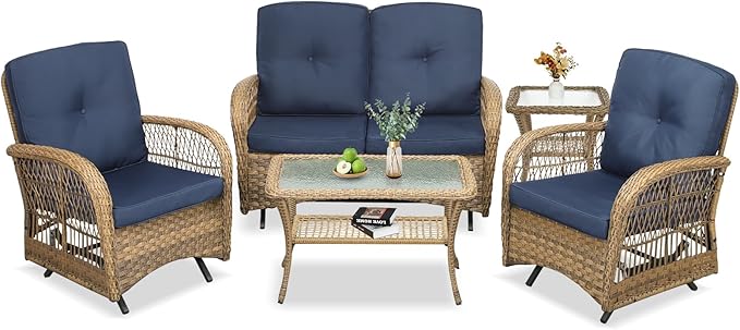 VIVIJASON 5-Piece Outdoor Patio Wicker Conversation Sets, All Weather Outdoor Rattan Furniture Set Includes Glider Loveseat, 2 Coffee Table, 2 Glider Rocker Chairs with Cushions, Navy Blue