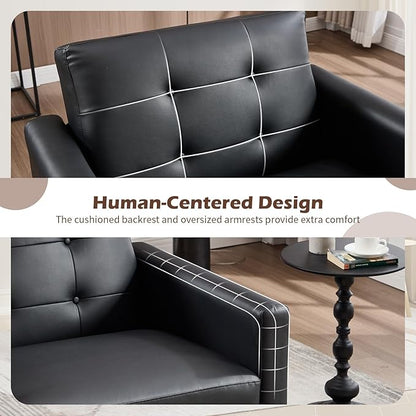 CANMOV 29" W Oversized Leather Accent Chair Set of 2, Armchair Button Back, Mid Century Modern Accent Chairs for Living Room, Modern Upholstered Bed Room Chair Cozy Armchair with Wood Legs, Black
