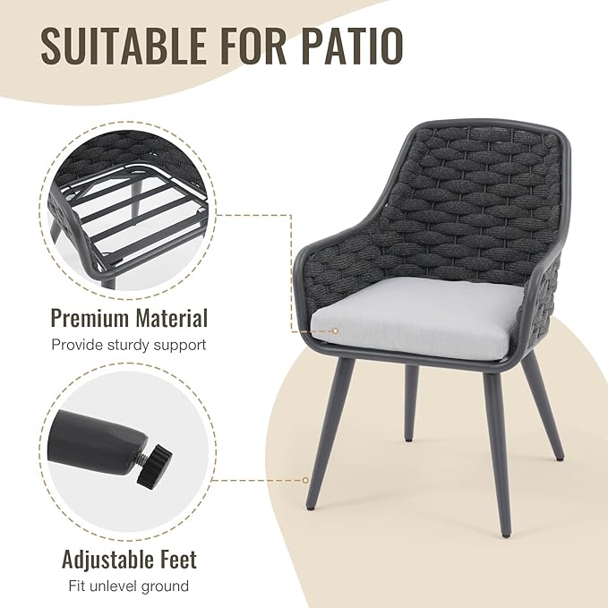 SUNSITT Outdoor Dining Chairs Set of 4, Metal Outdoor Patio Dining Chairs with Weather-Resistant Cushions, Woven Rope Chairs Outdoor with Armrest Dark Grey Outdoor Furniture for Backyard