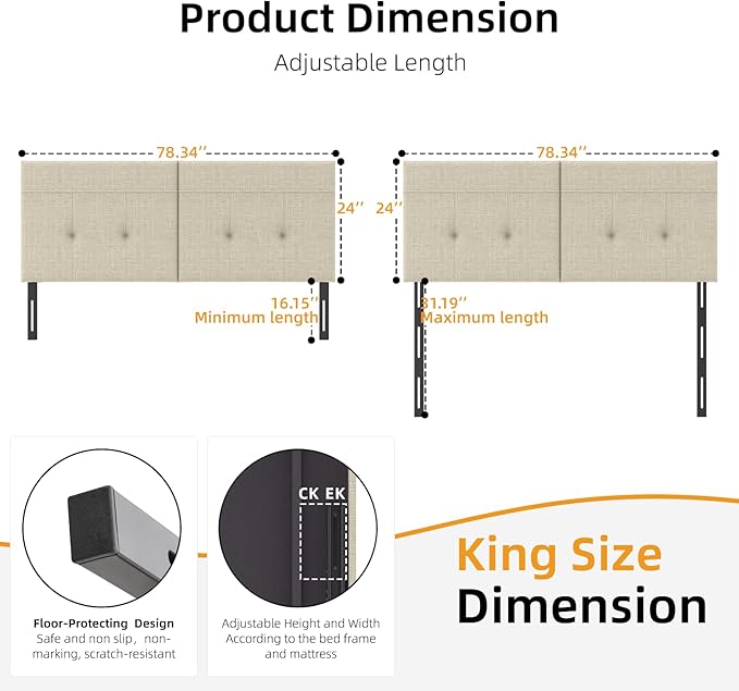 King Headboard Only with Adjustable Metal Legs, Faux Leather Upholstered Headboard King Size, Modern Stylish Headboard with Sunken Dot Design, Sturdy Bed Headboard for Bedroom, Linen