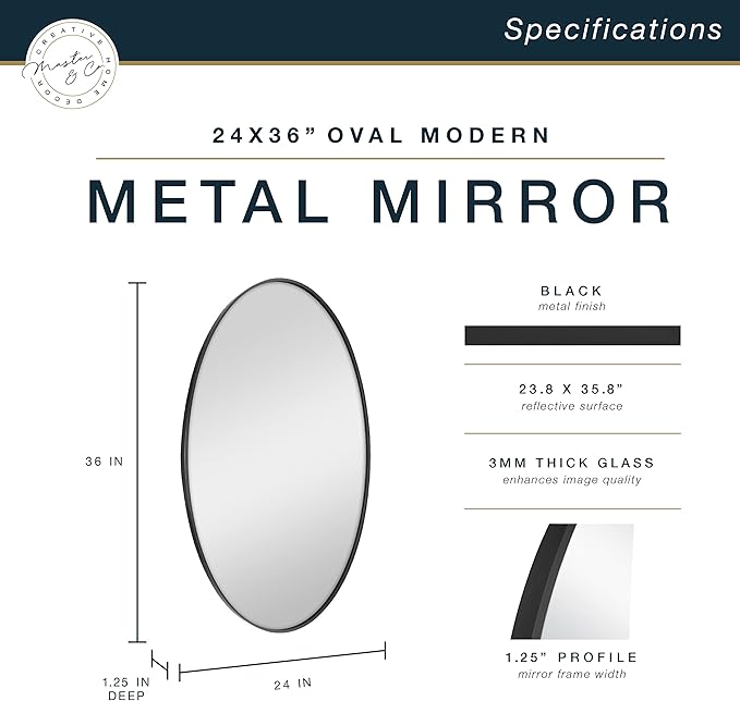 MCS Master & Co. Modern Metal Large Wall Mirror, Minimalist Home Decor Oval Mirror for Living Room, Bedroom, or Bathroom, 24 by 36 Inch, Black