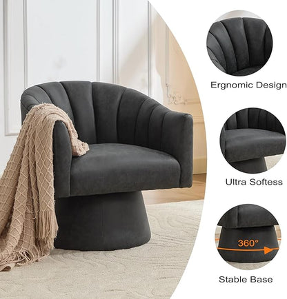 Swivel Accent Chair Set of 2,Faux Leather 360°Swivel Barrel Chair Upholstered Modern Living Room Chair, Overstuffed Reading Armchair for Bedroom,Vanity,Office-Black
