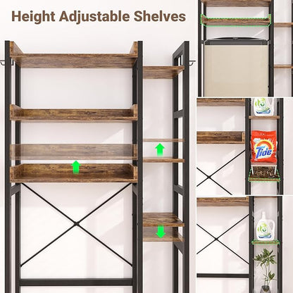 Over The Toilet Storage with 2 Drawers - 7 Tier Bathroom Organizer with Adjustable Shelf, Freestanding Space Saver Storage Rack Above Toilet Stand with 4 Hooks for Restroom, Laundry, Rustic Brown