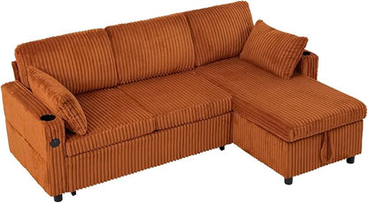 84" Corduroy Pull Out Sofa Bed w/Adjustable Backrests, Sectional L-Shape Sleeper Sofa w/Storage Chaise, Convertible Couch Bed w/USB Charging Port & Cup Holders for Living Room, House, Orange