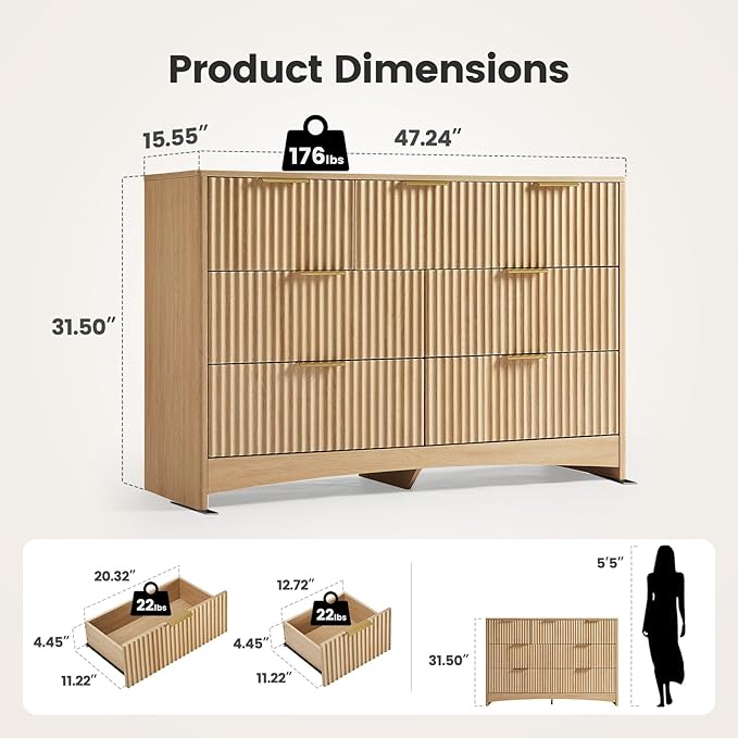 Amada Modern 7 Drawer Dresser, Fluted Wood Chest of Drawers with Rounded Corners, Pre-Installed Drawer Slides, Dresser TV Stand and Storage Organizer for Bedroom or Hallway in Natural Oak