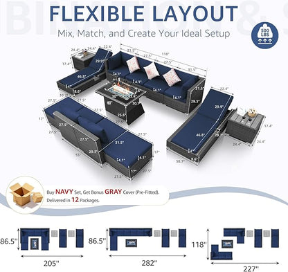 NICESOUL 13 Piece Outdoor Couch with Firepit Table, Durable Hevy Duty Wicker Patio Furniture with Lounger, Big Large Sectional 10-Seats with Long Propane/Natural Gas Firepit and Chaise, Gray&Navy Blue