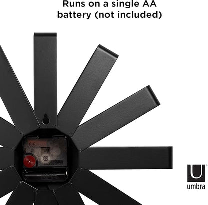 Umbra Ribbon Modern 12-inch Wall Clock, Battery Operated Quartz Movement, Silent Non Ticking Wall Clocks, Black