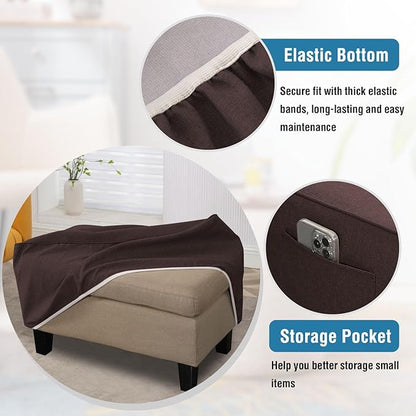 H.VERSAILTEX Soft Sturdy Linen Look Ottoman Cover Rectangle Fit Length 33"-34" Footrest Ottoman Slipcovers for Foot Stool & Folding Storage Furniture with Nonslip Elastic Bottom - Heather Chocolate