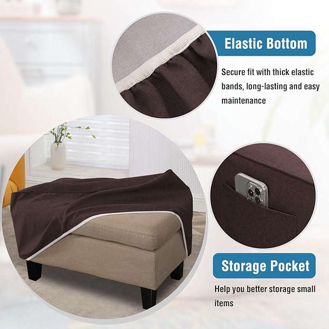 H.VERSAILTEX Soft Sturdy Linen Look Ottoman Cover Rectangle Fit Length 43"-44" Footrest Ottoman Slipcovers for Foot Stool & Folding Storage Furniture with Storage Side Pocket - Heather Chocolate