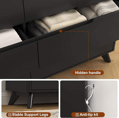 Dresser for Bedroom with 6 Drawers, 55" Large Dresser & Chest of Drawers with Charging Station, Wood Closet Clothes Storage Long Dressers Organizer for Bedroom Living Room Hallway, Black