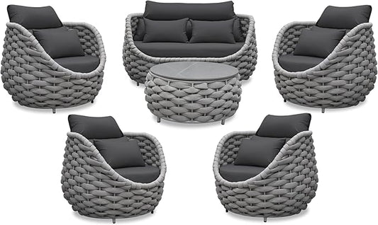Aluminum Outdoor Patio Furniture Set: 6 Pieces Porch Rope Conversation Sofa Set - Modern Woven Deck Couch Set Cushioned - No Assembly All Weather Seating for 660lbs Yard Garden Lanai Hotel Pool
