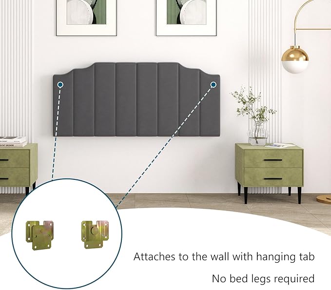 Queen Size Headboard Only, Velvet Wall Mounted Headboard Queen/Full Size for Adjustable Bed, Modern Vertical Channel Design with Curved Tufted Upholstered Head Board,Dark Gray