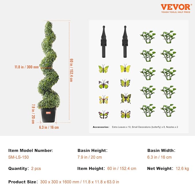 VEVOR Artificial Boxwood Topiary Tree, 60 inch Tall (2 Pieces), Spiral Faux Topiary Trees, Faux Plant w/Extra Leaves & Pot & Small Decoration, UV Rated Greenery Set for Home Decor Indoor/Outdoor