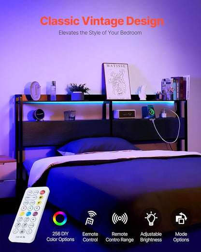 VEVOR Headboard for King Size Bed, Adjustable Height Headboard with 2 Shelves Storage, Freestanding Head Board with Charging Station and LED Light for Different Bed Frames, Easy Assembly, Black