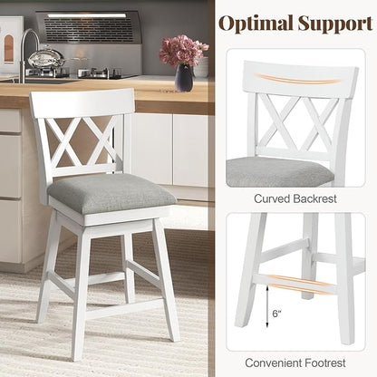 COSTWAY Bar Stool Set of 4 for Kitchen Island, 26" Counter Height Chair with Ergonomic Backrest, Foot Rest, Padded Seat & Solid Wood Structure, 360°Swivel Farmhouse Barstool with Back